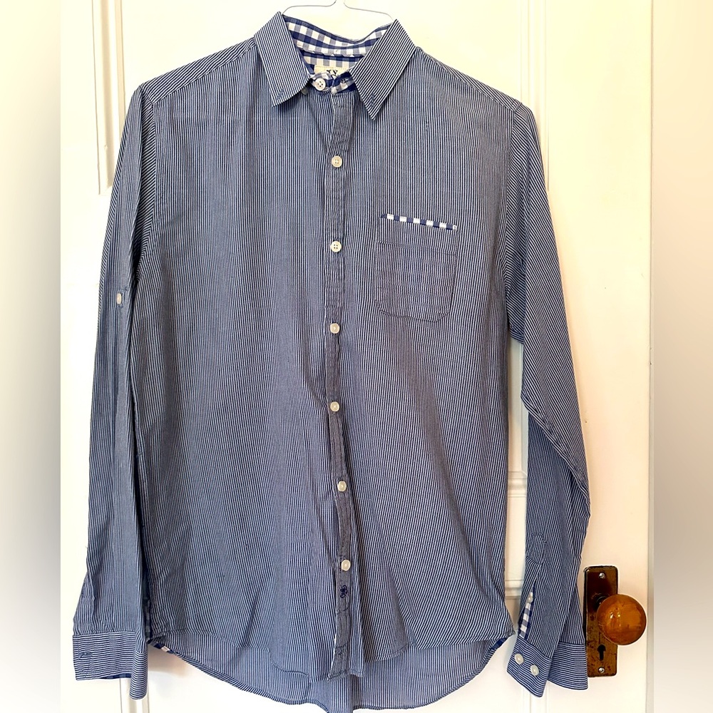 BTNS Men's Button Down Micro Striped Shirt with Gingham Accents Size Small